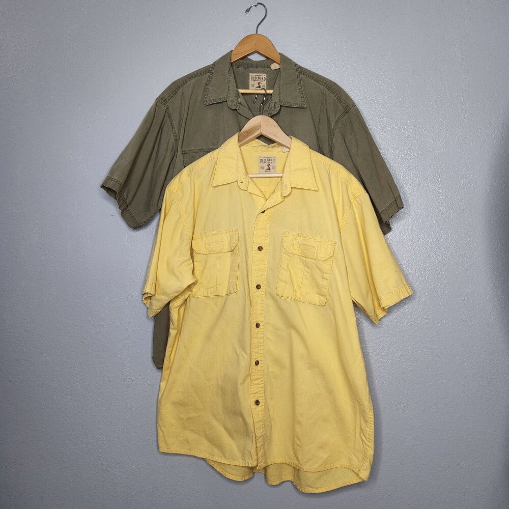 Red Head Co. 2 LOT Mens XL Green / Yellow Button Down Utility Shirts Outdoor